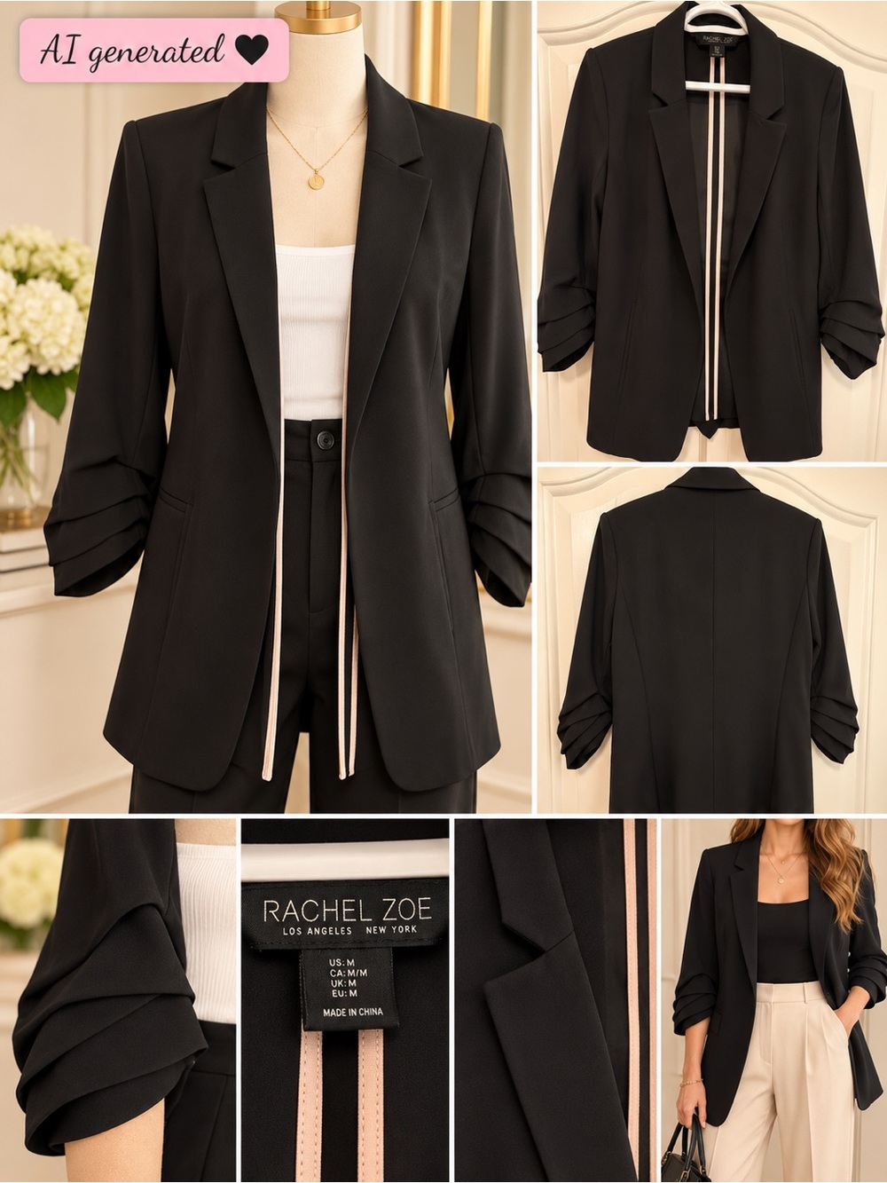 Rachel Zoe Black Blazer Draped 3/4 Sleeves Beige Trim Size M